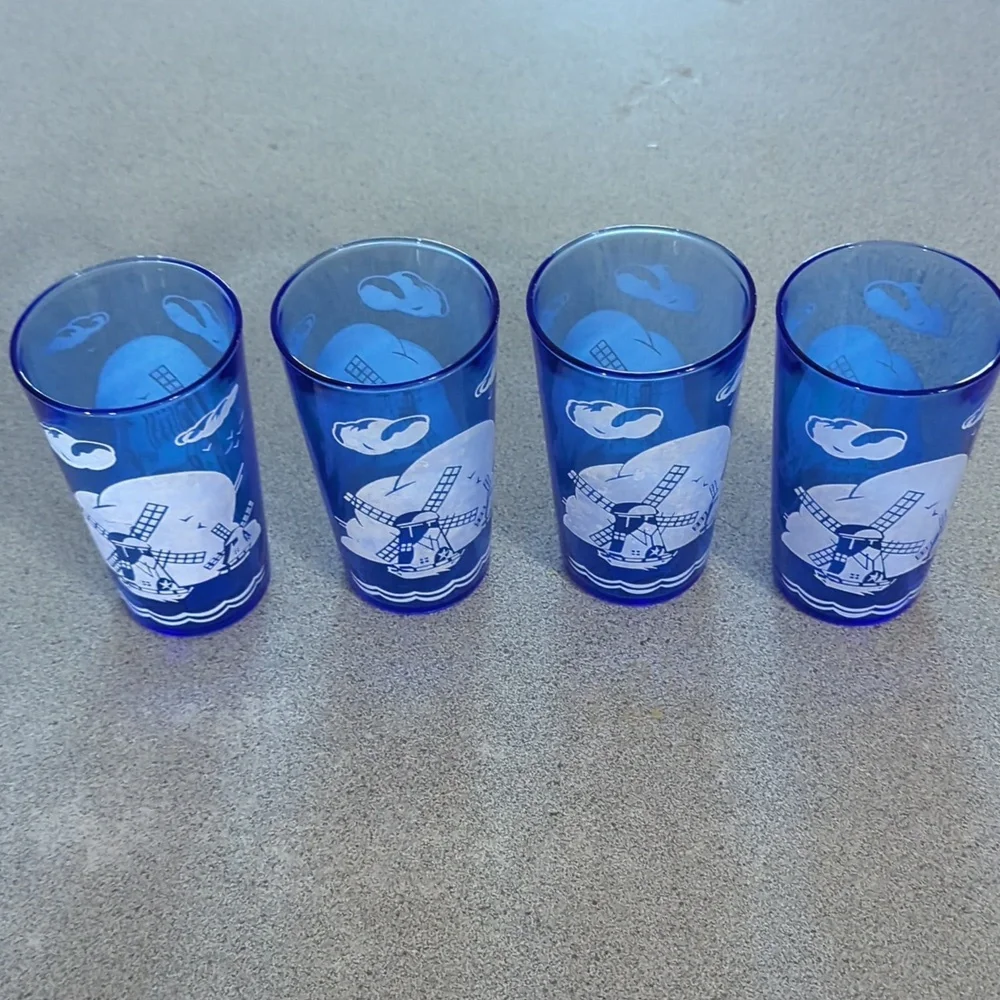 VINTAGE HAZEL ATLAS COBALT BLUE WINDMILL ICE BUCKET AND 4 GLASSES TUMBLERS